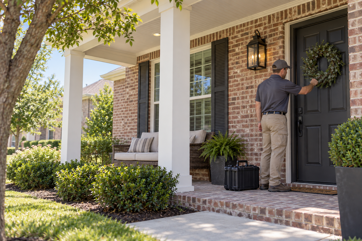 Technician with an equipment case at the front door of a brick home in Allen