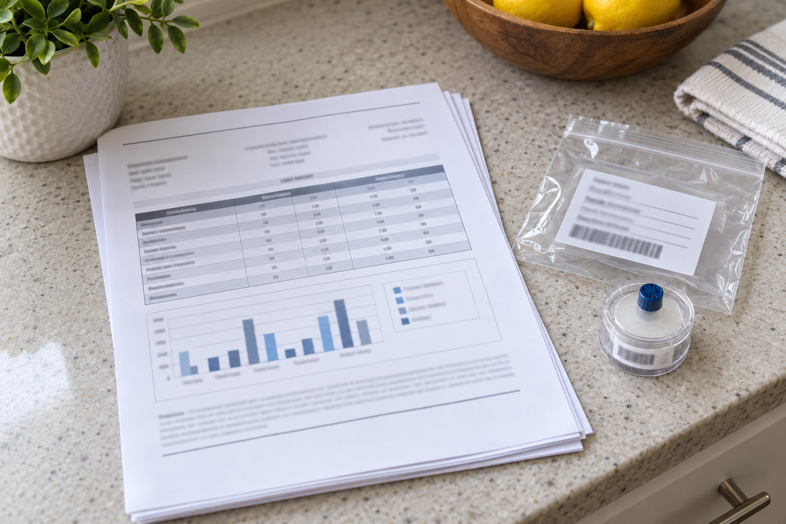 Printed mold lab report beside a sealed air sampling cassette on a kitchen counter